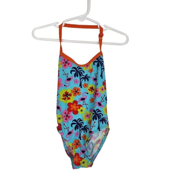POLARN O. PYRET Swimsuit Girls 1-2 Years Blue Palm Tree Flamingo Floral Sweden - Picture 1 of 7